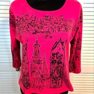 Y2k Vintage Womens Top Sz Medium Fuschia Pink Black Rhinestones European City